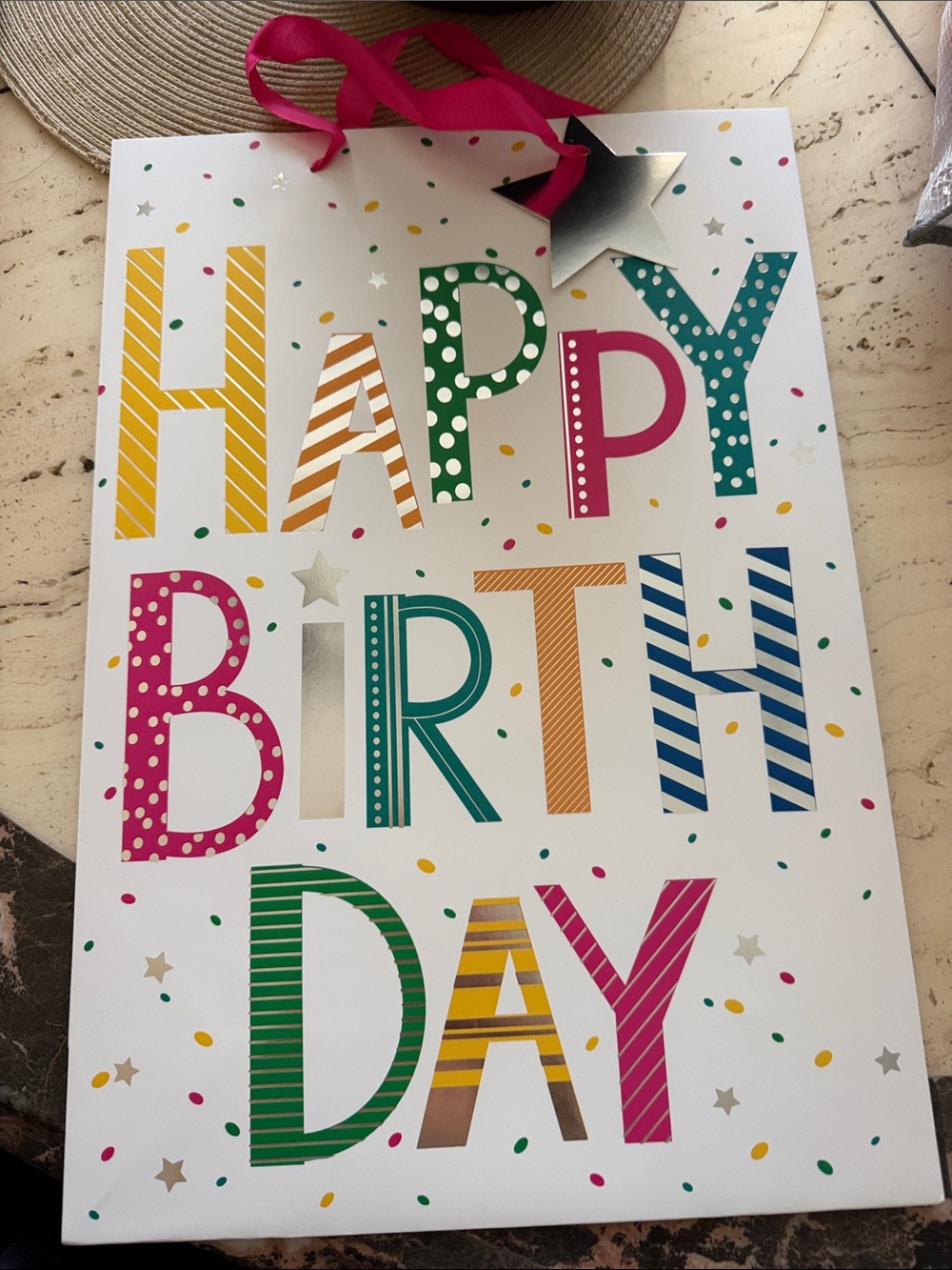Happy Birthday Gift Bag 18"x12" with Pink Ribbon Handles & Silver Star Tag